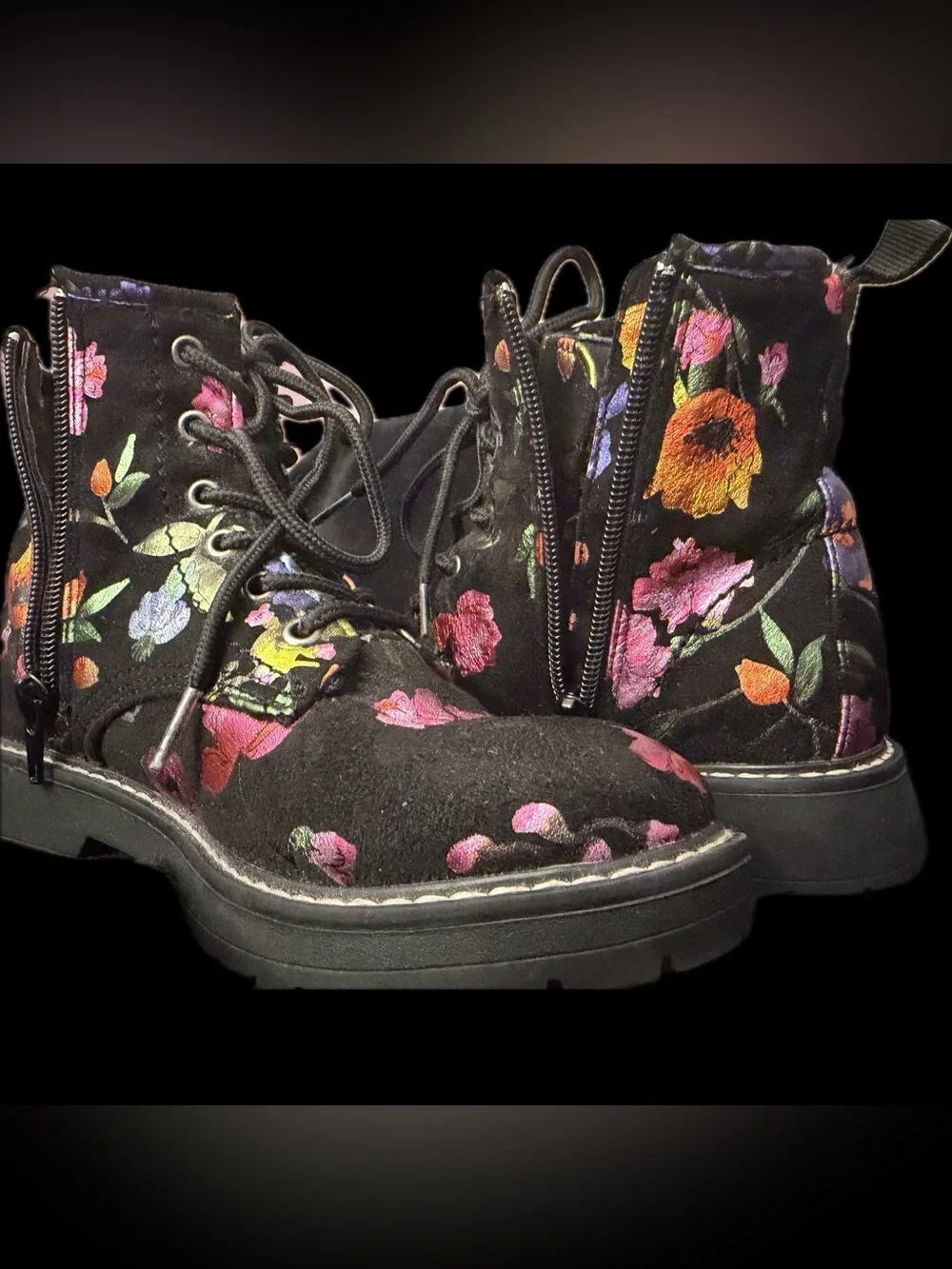 Steve Madden Girls Black Floral Lace-Up with zipper Ankle Boots